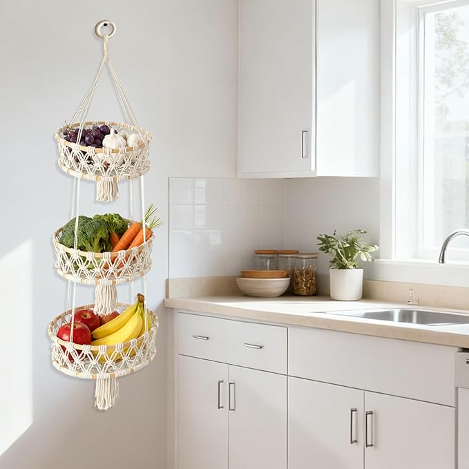 3 Tier Hanging Fruit Basket, Macrame Hanging Basket for Fruit and Vegetable Storage, Cotton Rope Woven Baskets, Boho Wall Baskets Organizing Hanging Plant Holder for Indoor Kitchen Decor