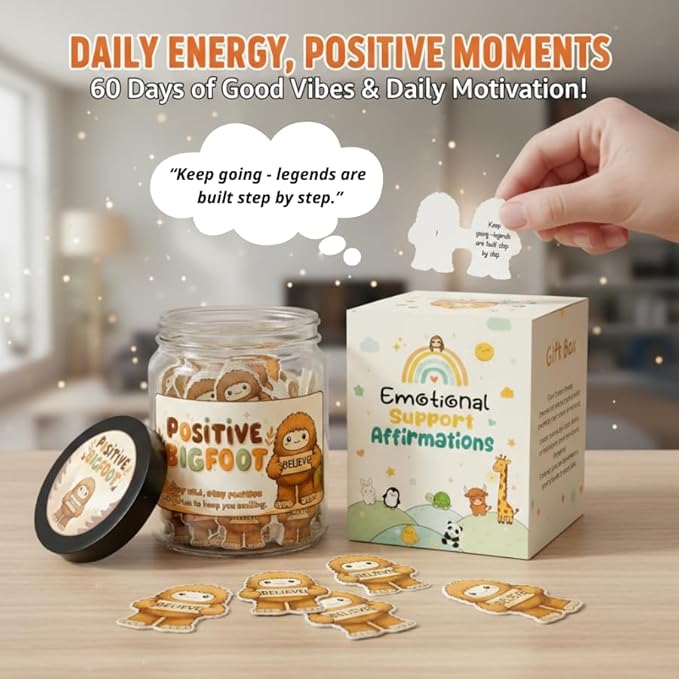 Positive Bigfoot Jar with 60 Daily Affirmation Cards, Bigfoot Gifts, Sasquatch Gifts for Men Women, Emotional Support Bigfoot Jar, Funny Gift for Dad or Husband