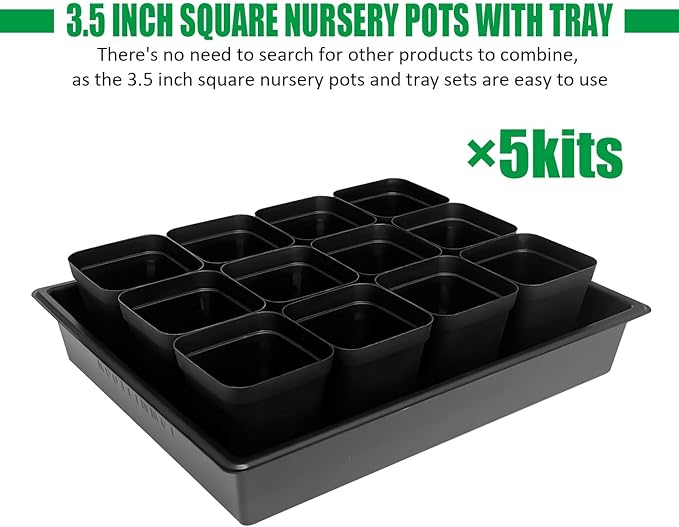 RooTrimmer 3.5 inch (9CM) Square Nursery Pots 60pcs, Sturdy Seedlings Trays 5 Pcs, Seeds Starter Germination Tray, Microgreenings Planter Nursery Propagation 5 Sets