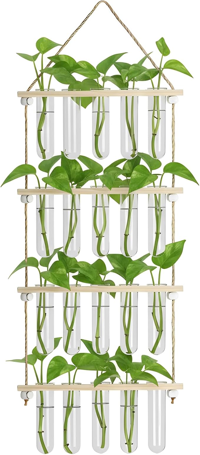 20Tubes Hanging Plant Propagation Station, 4-Tier Wall Mounted Wooden Plant Stand with 3cm Large Shatterproof Plastic Tubes for Pothos Plant Cuttings, Indoor Window Decor & Gifts for Plant Lovers