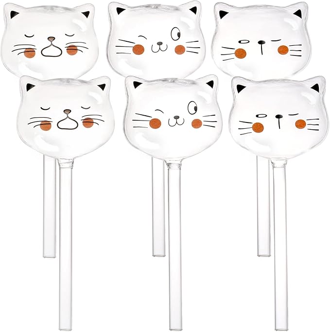 SOUJOY 6 Pieces Self Watering Bulb, Glass Plant Watering Globes, Hand Blown Cat Shape Automatic Watering Spike Device for Indoor and Outdoor Plants