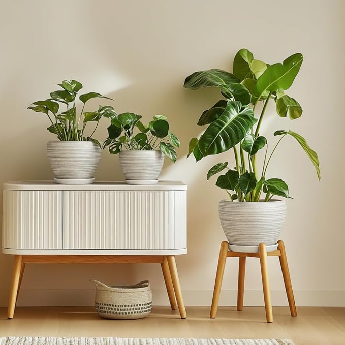 Indoor Plant Pots 8 Inch - Ceramic Plant Pots with Drainage Hole and Saucer, Large Flower Pot for Indoor Plants Outdoor, Round Planters, Garden Decor, Gifts for Plant Lovers, Textured Grey