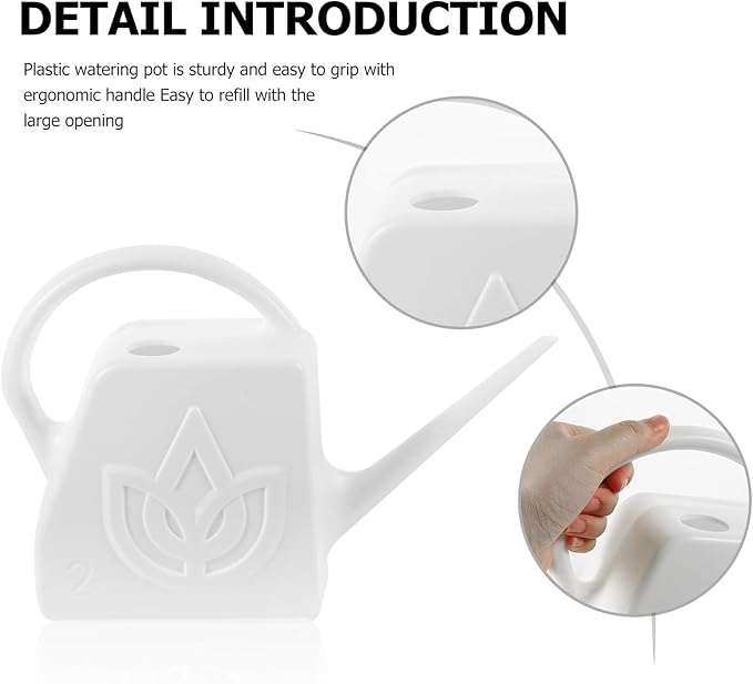 FENICAL Large 2l Watering Can for Outdoor Plants with Long Spout, White Plastic Plant Waterer for Garden and Patio Use