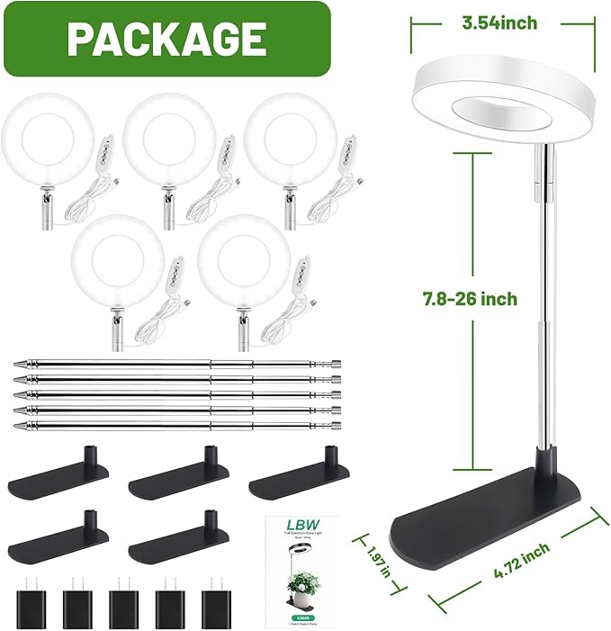LBW Grow Light for Indoor Plants, Height Adjustable Plant Grow Lamp with Auto On/Off Timer 6/8/12/16H, 3 Colors,5 Dimmable Brightness, for Small Plants, White, 5 Packs