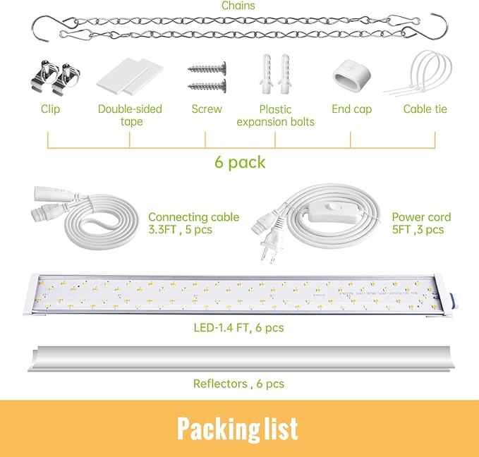 1.4FT Hanging Grow Light for Indoor Plants, Full Spectrum with 660nm Red LED, T5 2020T Light Fixture, 108W(6×18W) Grow Lamp with Reflectors for Seedling Tray, 6-Pack
