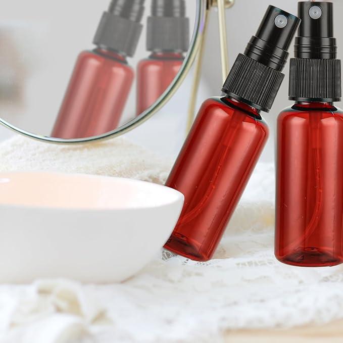 60PCS 1 oz Amber Spray Bottles Mini Spray Bottle Small Spray Bottle Plastic for Essential Oils, with Funnel & Stickers Refillable for Travel Cleaning Beauty