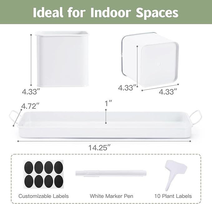 Indoor Herb Garden, Herb Planter Set with Handled Tray, 3 Iron Indoor Plant Pots with Drainage Holes, Windowsill Planter with Customizable Labels, Marker Pen, 10 Plant Labels, Window Pots, White