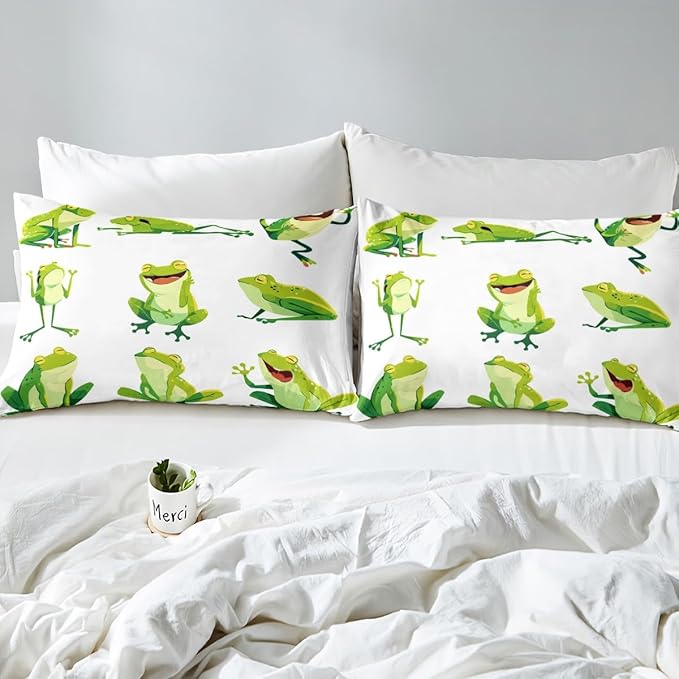 Kids Bed Sheet Set King Cute Frog Print Bed Sheets for Boys Girls Bedroom Super Soft and Cozy Cute Cartoon Animal Pattern Sheets Set Lightweight Green Frogs Nature Theme Bed Set with 2 Pillowcase