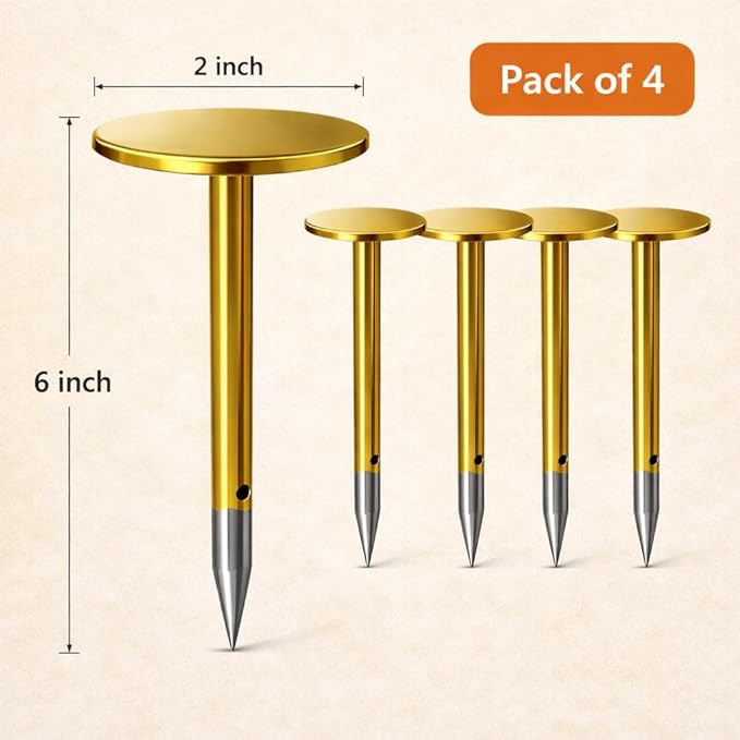 Custom Brass Survey Marker, 6 Inch Length, 2 Inch Head, Stainless Steel Tip, Orange and Yellow, Pack of 4