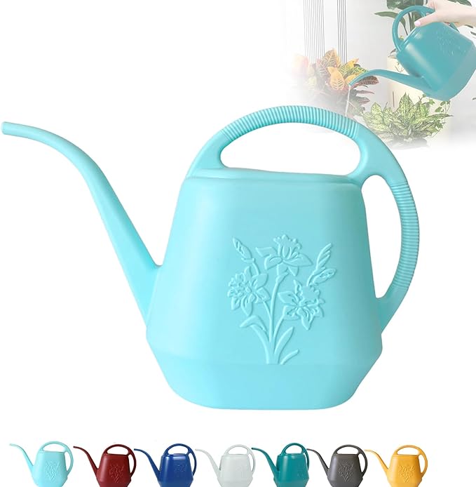 Watering Can 1 Gallon with Comfortable Handle, Flower Patterns Watering Can Indoor Plants, Plastic Long Spout Watering Can for House Plants Succulent Bonsai Garden Flower Outdoor (Light Blue)