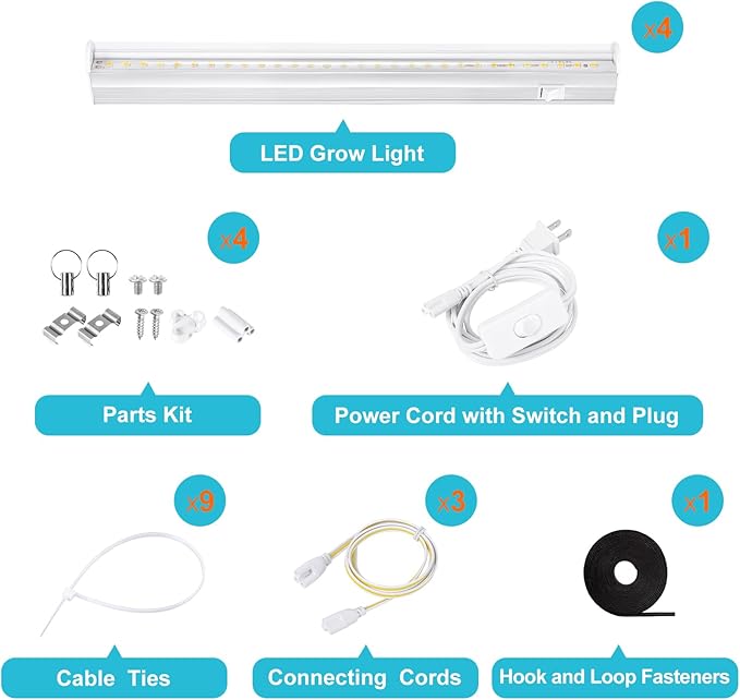 Hywymlait T5 Grow Lights for Indoor Plants, 5000K Full Spectrum, 1FT LED Growing Lamp, Plant Growing Light Strips for Greenhouse Seed Germination, Vegetable Planting, Plug and Use, 4 Pack