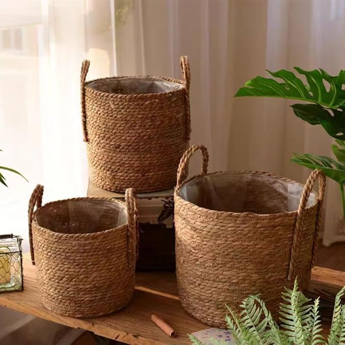 Handmade Rattan Woven Flowerpot Straw Woven Storage Basket Plant Holder Flower Pot Planter Balcony Home Decoration(9.84''X7.87''X9.84'')
