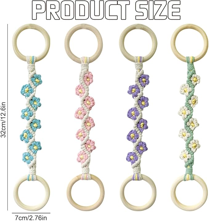 4 Pcs Daisy Flower Macrame Towel Holder Ring, Crochet Hanging Kitchen Dish Towel Holder, Handmade Kitchen Towel Hanger with Wood Hanging Loop for House Oven Stove Door