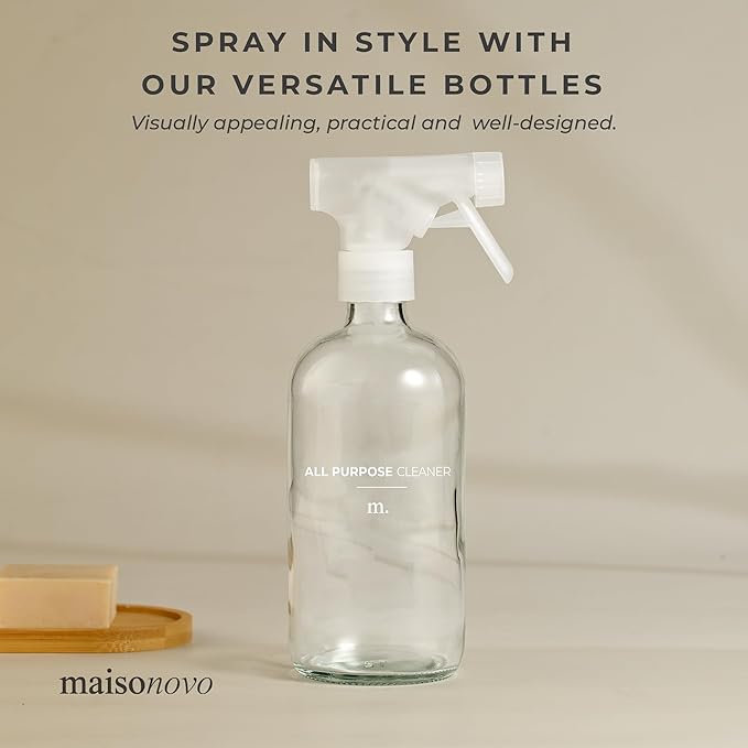 MAISONOVO Glass Spray Bottles for Cleaning - 16.9 fl oz Clear x 2 with 16 Labels