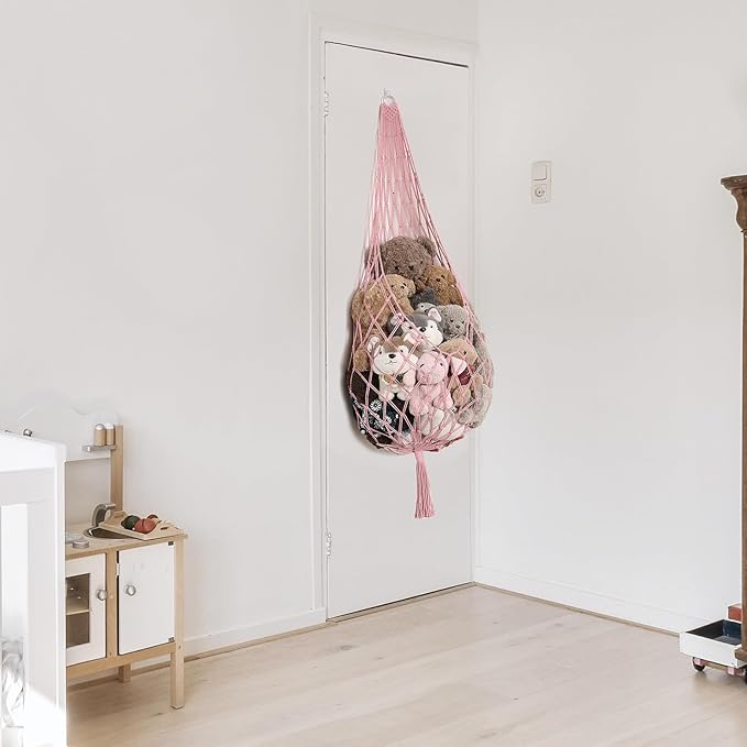Amdermi Stuffed Animal Hammock Corner Hanging Net for Stuff Animal Storage Macrame Plush Toy Holder-Perfect for Tiny Space Walls-Kid Bedroom Decor Nursery Playroom Organizer (Light Pink XL)