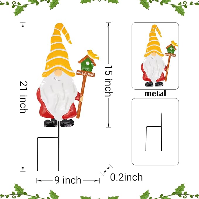 Metal Yard Signs Decor for Rust Prevention, Yard Stakes with Gnomes for Outside Garden Yard Lawn Porch Holiday Party(Yellow)