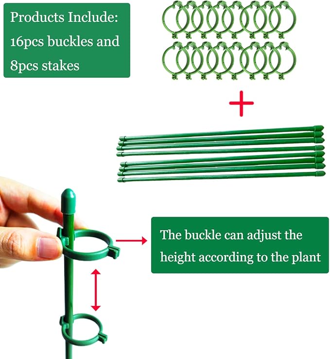 Belit 8 Pack Small Plant Support Plant Stakes, Adjustable Garden Single Stem Support Stake, Planter Support Ring for Orchid, Rose, Peony, Peppers and More, 16 inch