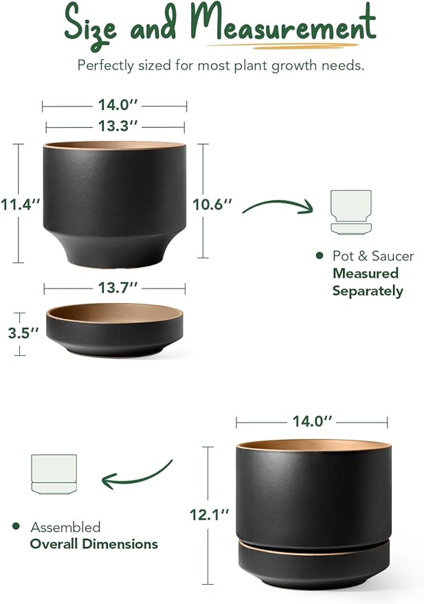LE TAUCI 14 Inch Large Plant Pot with Saucer, Ceramic Outdoor & Indoor Big Planter with Drainage Hole, Mesh Pad Included, Matte Glazed Outside, Modern for Home and Patio, Obsidian Black & Ochre