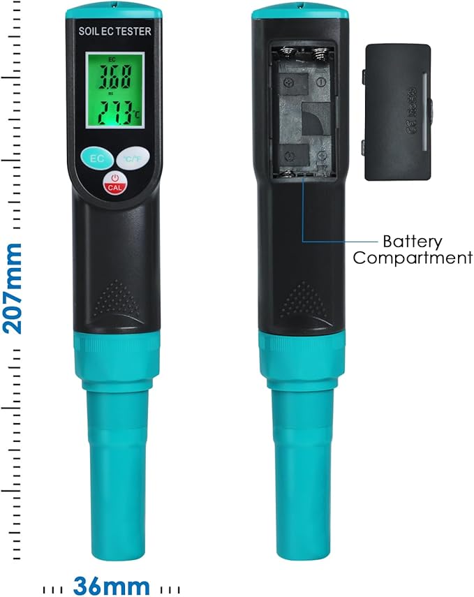 Soil EC & Temperature Meter, 2 in 1 Digital EC Meter with Automatic Temperature Compensation 0~50℃ Portable Soil EC Meter with Corded EC Sensor Electrode for Agricultural, Gardening, Plants