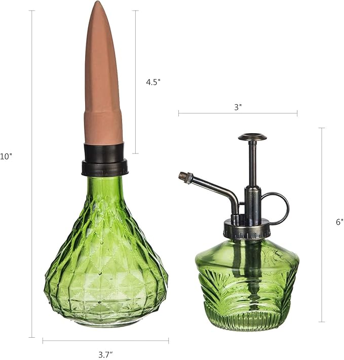 Glass Mini Watering Can Vintage Plant Mister Flower Water Spray Bottle and Faceted Glass Plant Watering Globe with Terracotta Spike, Plant Watering Gift Set,Green