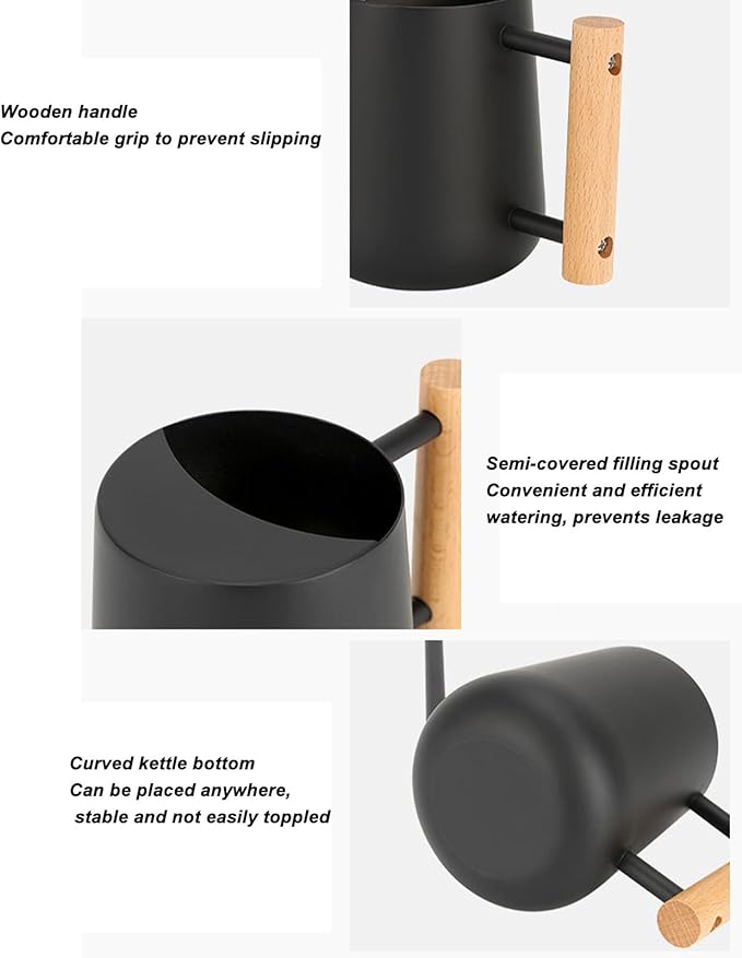 1L/33.8oz Wood Handle Long Spout Watering Can Stainless Steel Plant Watering Pot Garden Green Plant Flower Watering Kettle for Indoor Outdoor Plants Garden Flower (Black)