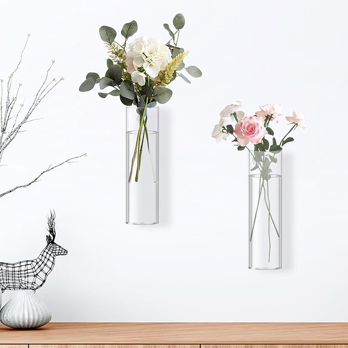 2 Pack Wall Mounted Glass Vase Set with Hooks High Borosilicate Transparent Hanging Flower Vase for Home Decor Dining Table