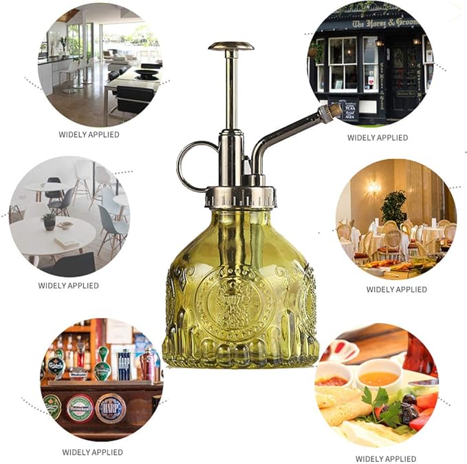 Plant Mister Glass Spray Bottle Small Plant Watering Can 6.4" Tall Retro Indoor Watering Can Bronze Plastic Top Pump for Garden Indoor Plant Sprayer