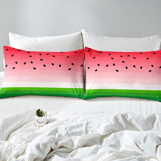 Feelyou Kids Bed Sheets Watermelon Bedding Set King Size Tropical Fruit Print Bed Sheet Set for Kids Girls Women Fresh Pineapple Stripe Sheets Set Breathable Super Soft Red Green Room Decor