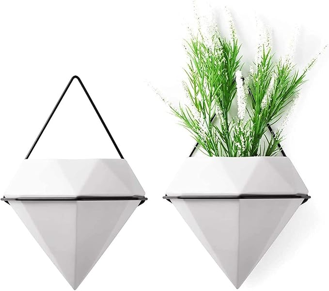 Diamond Wall Planters,Geometric Wall Flower Vases Set,Wall Mounted Plant Holder Vase,Ceramic Air Plants Hanging Holder Pots,Cactus Faux Plant Containers Modern Indoor Decor for Home Office (Black A)