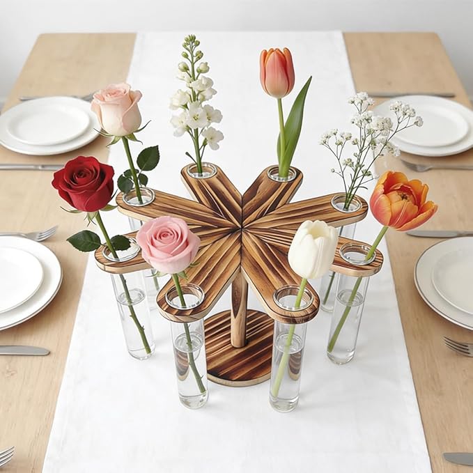 Plant Terrarium Propagation Stations, Clear Glass Flower Vases, Wooden Stand Retro, Hydroponics for Home Office Decoration, Dining Table Centerpiece - 8 Glass Tubes Vases