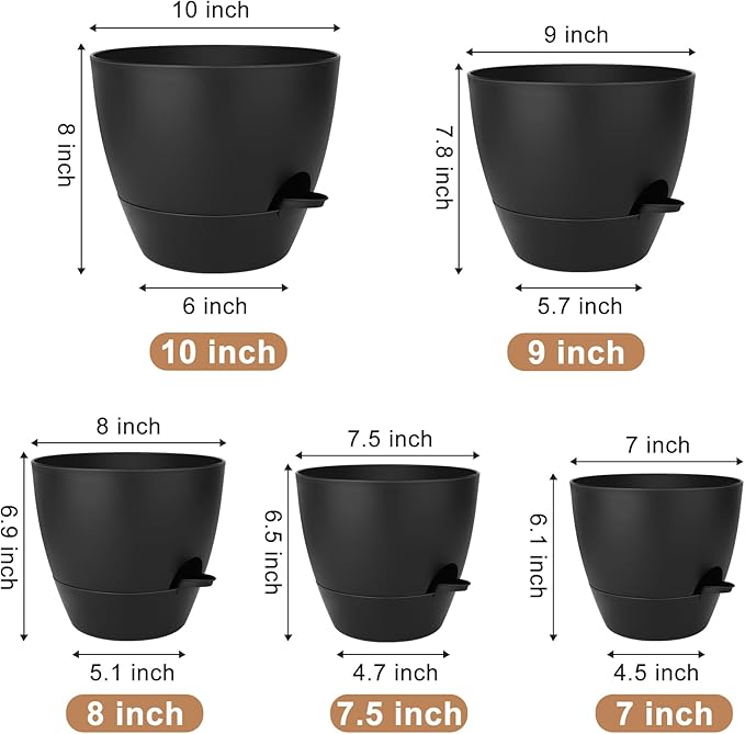 QRRICA Plant Pots 10/9/8/7.5/7 Inch Self Watering Pots, Set of 5 Plastic Planters with Drainage Holes and Saucers,Plastic Flower Pots,Nursery Planting Pot for Indoor Out Door Plants(All Black)