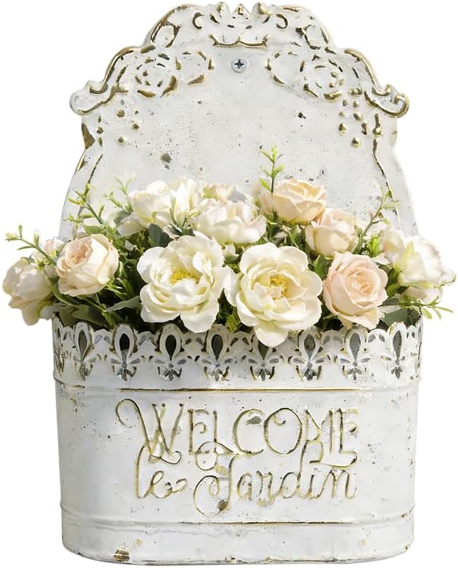 Metal Hanging Planters Wall Mount Planter Wall Vases for Flowers Shabby Chic Decor for Rustic Farmhouse Outdoor Decor White