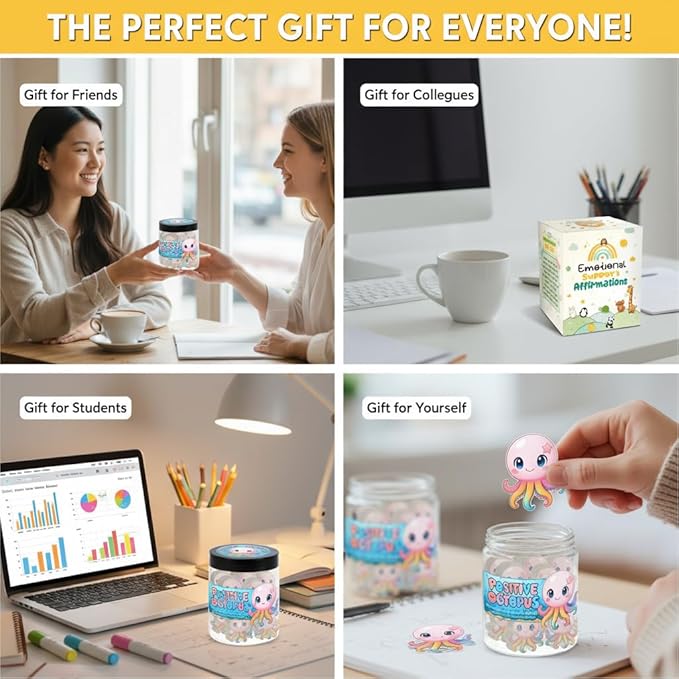 Positive Octopus Jar with 60 Daily Affirmation Cards, Emotional Support Octopus Decor, Inspiring Gift for Women and Men, Cute Motivational Desk Jar Offering Encouragement for Friends or Coworkers