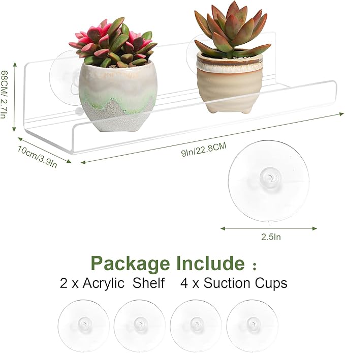 2 Pack Window Plant Shelves, 9 Inch Acrylic Suction Cup Shelf, Window Sill Extender for Indoor Succulents, Herb Planters, Micro Greens, Bathroom Organizer