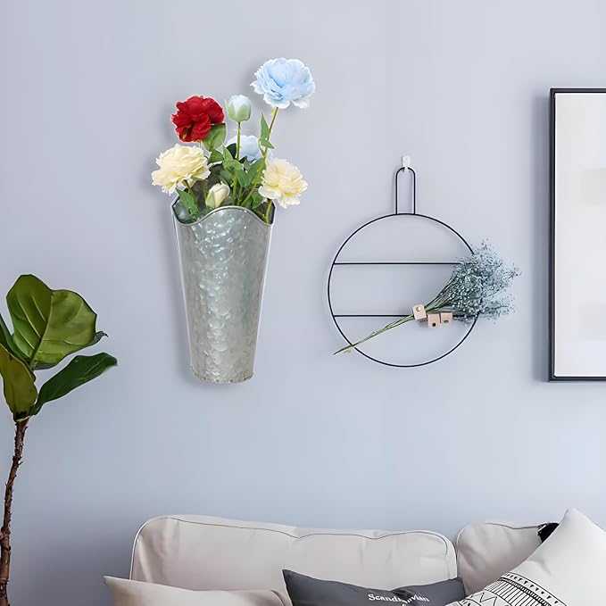 2 Pack Galvanized Metal Wall Planters, Hammered Silver Wall Mounted Flower Vases, Rustic Farmhouse Wall Decor for Dried Flowers, Greenery, Bathroom, Bedroom, Living Room (Silver)