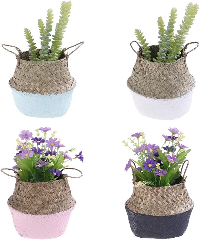 Woven Seagrass Belly Baskets with Handles for Planter Storage Flower Pot Cover Organizer&Laundry,Picnic Fruit&Grocery Baskets,Foldable Handmade Wicker Rattan Basket Hanging Decorative Baskets