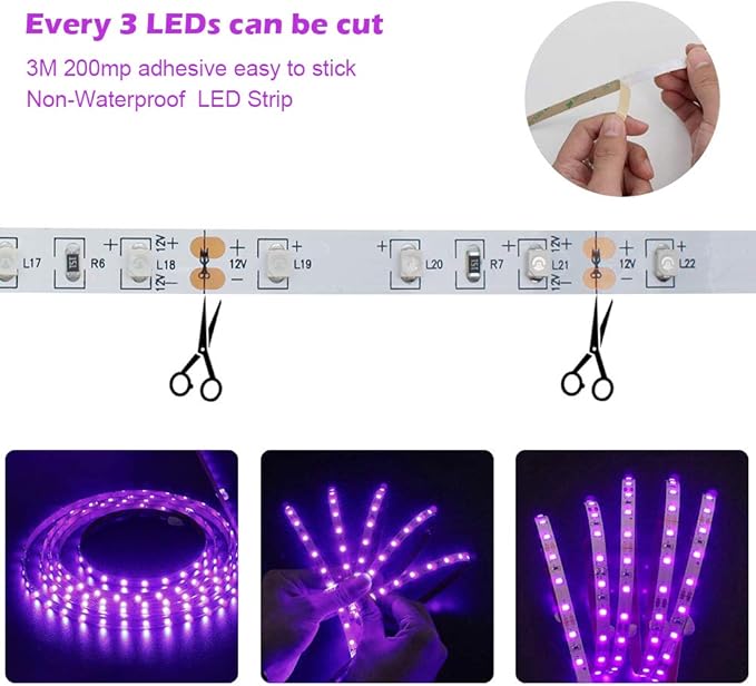 LED UV Black Light Strip Kit, Ultraviolet 16.4FT/5M 3528 300LEDs, 395nm-405nm Blacklight for DJ Bar Club Party Decor Night Fishing with 12V Power Supply