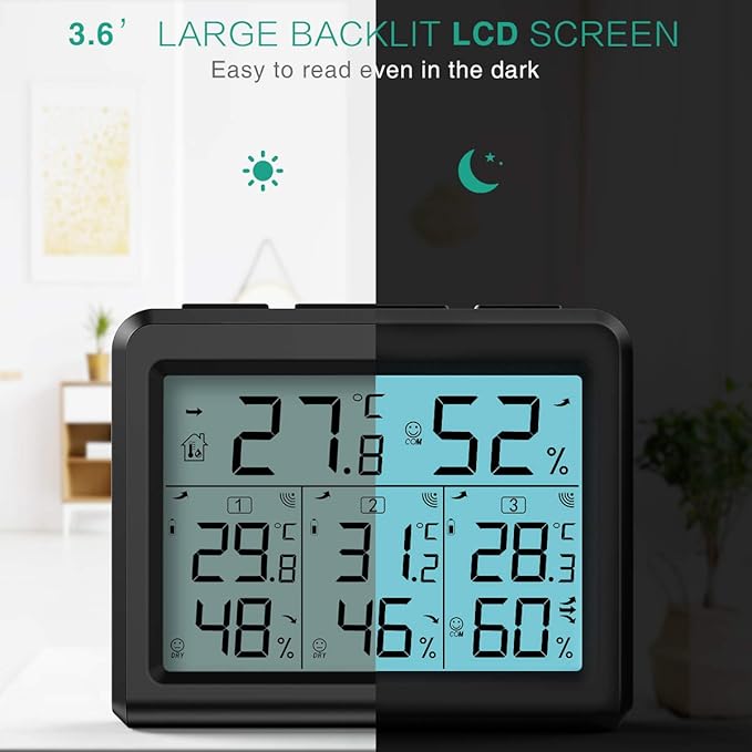 ORIA Indoor Outdoor Thermometer, Digital Hygrometer Thermometer with 3 Wireless Sensors, Temperature Humidity Monitor Meter with LCD Backlight, for Home, Office, Bedroom, Black