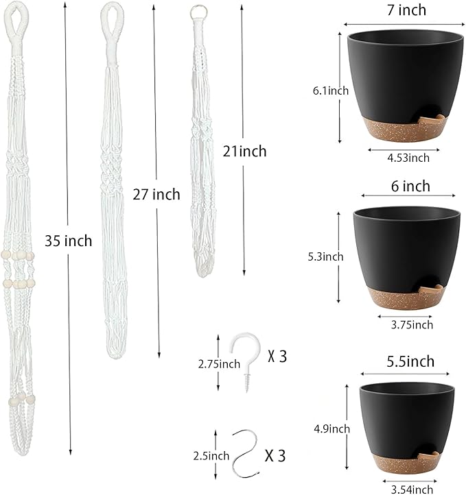 Hanging Planters with Macrame Plant Hangers for Indoor Outdoor Plants, 3 Set Hanging Baskets Flower Pots Holders 35''/27''/21'', Self-Watering Pots 7''/6''/5.5'', Boho Home Decor, Black