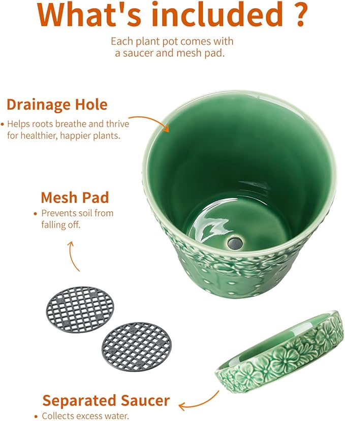 Metahom Ceramic Plant Pots, 3.8+4.9+5.8 Inch, Set of 3 Flower Pots with Drainage Hole & Saucer, Embossed Planter Pots for Indoor Plants, Home Decor, Green