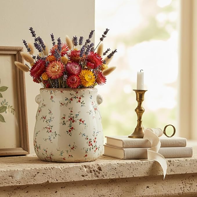 Xiaan Jiaju Ceramic Vases for Centerpieces, Shabby Chic Vase & Flower Pot with Drainage, Country Chic Decor for Office Room Garden Balcony Mantel Fireplace Table & Shelf, Red Floral