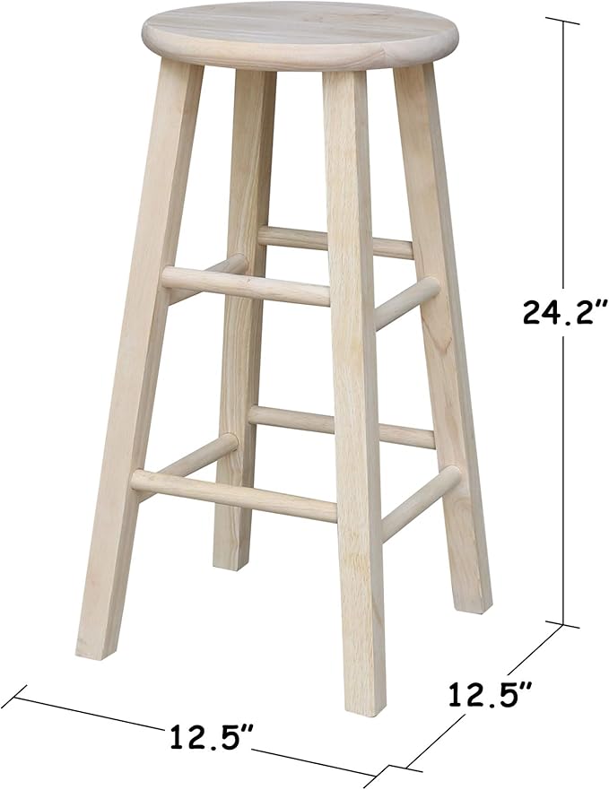 IC International Concepts, Round Top Stool-24" Seat Ht, 12.5"W x 12.5"D x 24"H, Solid Parawood, 24"H, 225 lb Wt. Capacity, Kitchen/Dining, Fully Assembled, DIY, Paint/ Stain In Any Color, Unfinished