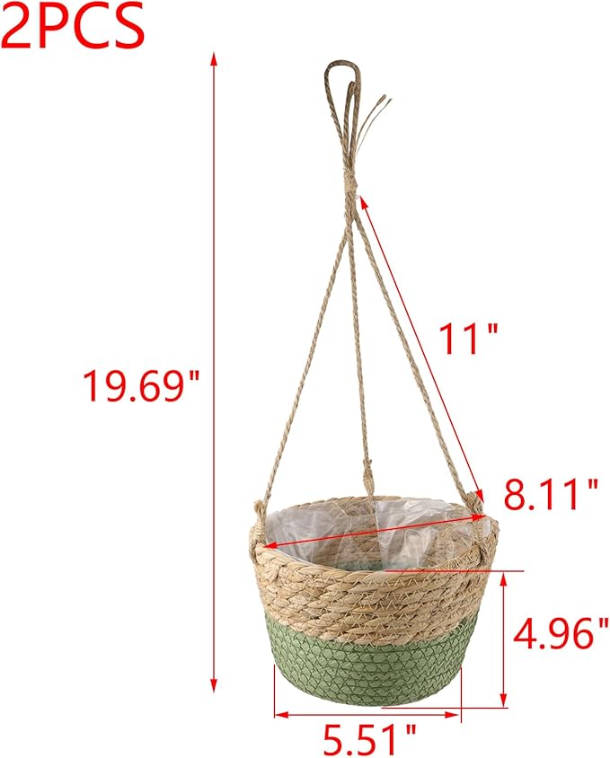 MY MIRONEY 2PCS Hanging Planter Basket Natural Seagrass Woven Plant Pot Hanger Hanging Plant Holder with Twine for Home Decor, Indoor & Outdoor Use, 8.11" x 4.96", Green