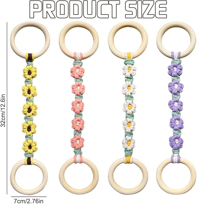 4 Pcs Daisy Flower Macrame Towel Holder Ring, Crochet Hanging Kitchen Dish Towel Holder, Handmade Kitchen Towel Hanger with Wood Hanging Loop for House Oven Stove Door