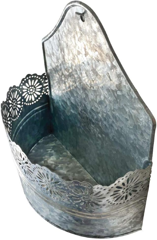 Lily's Home Indoor Outdoor Wall Mounted Planter with Floral Accents for Succulents, Cacti, Herbs, Faux Plants, Galvanized Metal. Plants Not Included