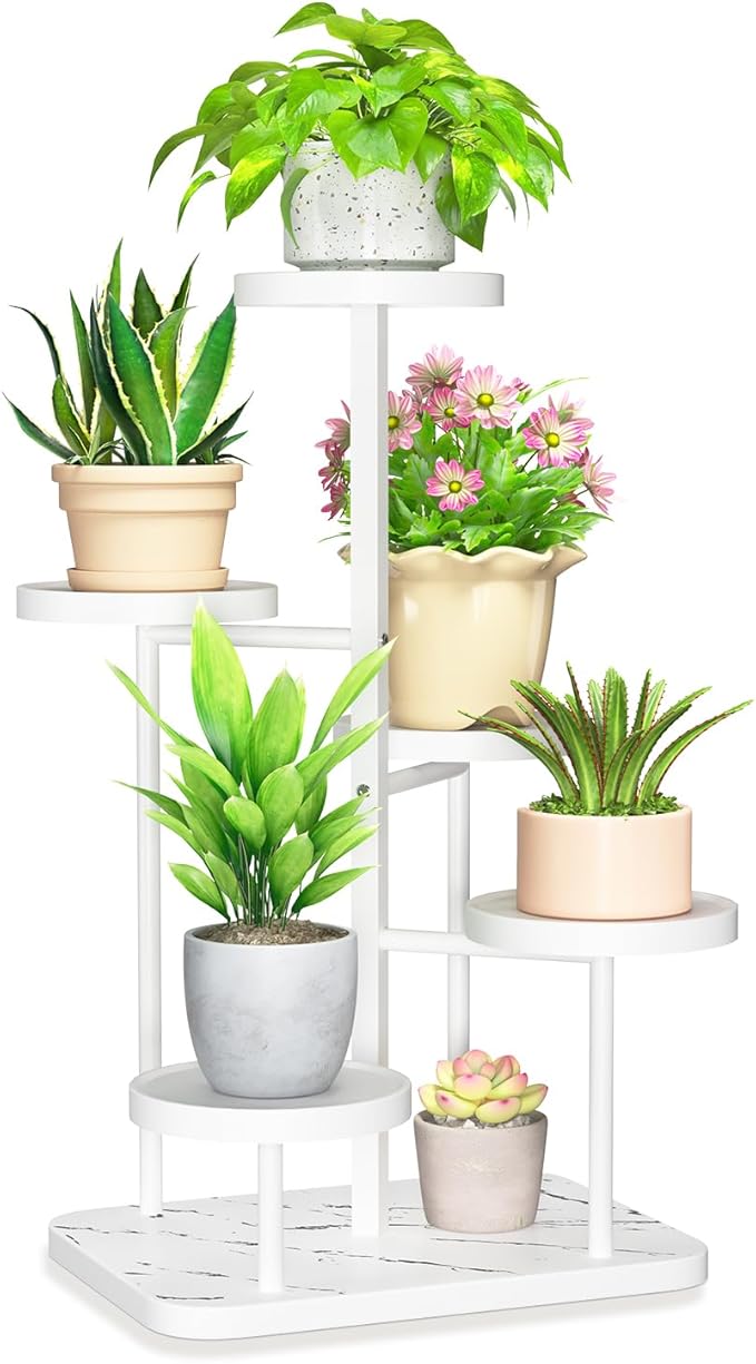 LASZOLA 5 Tier Tall White Plant Stand Rack Indoor Outdoor House, Heavy Duty Multi Level Metal Organizer, Vertical Narrow Unique Spiral Folwer Holder, Plastic Marble Decor for Patio Bathroom Office