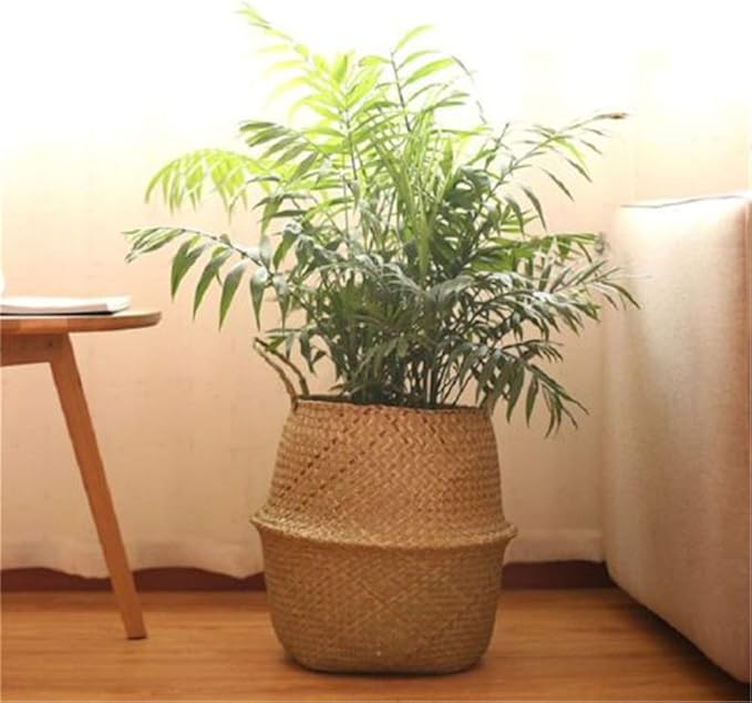 Woven Seagrass Belly Baskets with Handles for Planter Storage Flower Pot Cover Organizer&Laundry,Picnic Fruit&Grocery Baskets,Foldable Handmade Wicker Rattan Basket Hanging Decorative Baskets