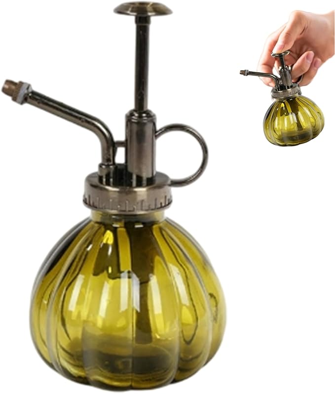 Vintage Green Pumpkin-Shaped 3x6 Glass Plant Mister, Fine Mist Spray Bottle with Handle for Indoor Plants, Succulents & Gardening