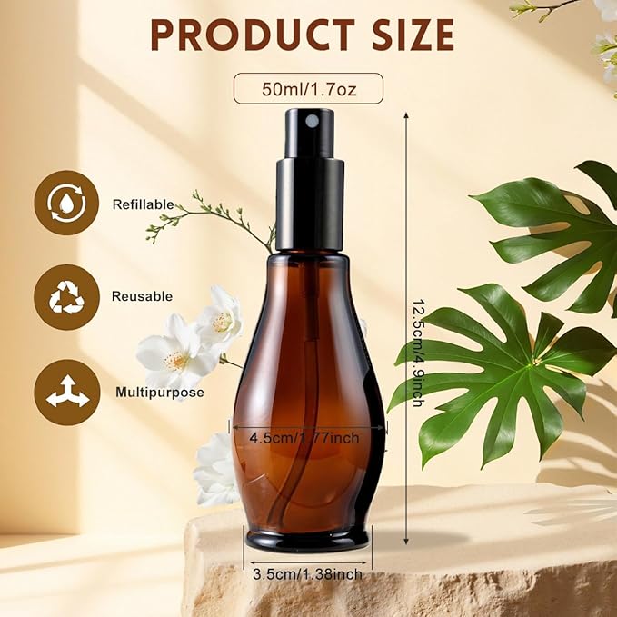 UPSTORE 3PCS Empty Refillable Amber Glass Spray Bottle Jars with Black Cap Cosmetic Vials Sample Packing Storage Containers Fine Mist Sprayer Automizer for Perfume Makeup Water (50ML/1.7oz)