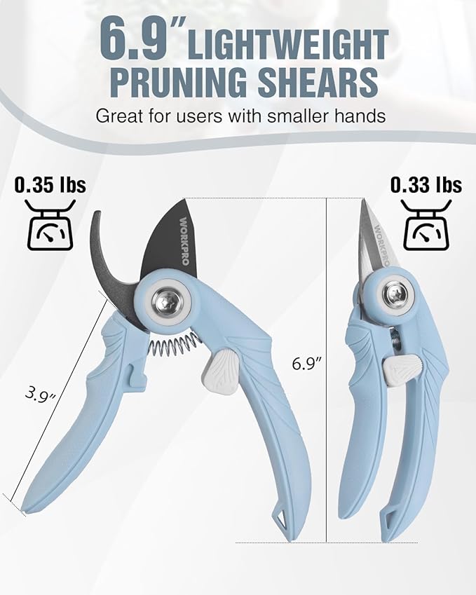 WORKPRO 2-Pack 6.9" Garden Pruning Shears, Bypass & Straight Gardening Scissors with SK5 Steel Blade, Handheld Garden Floral Clippers for Rose, Plants, Flowers, Gardening Gifts for Women & Men, Blue